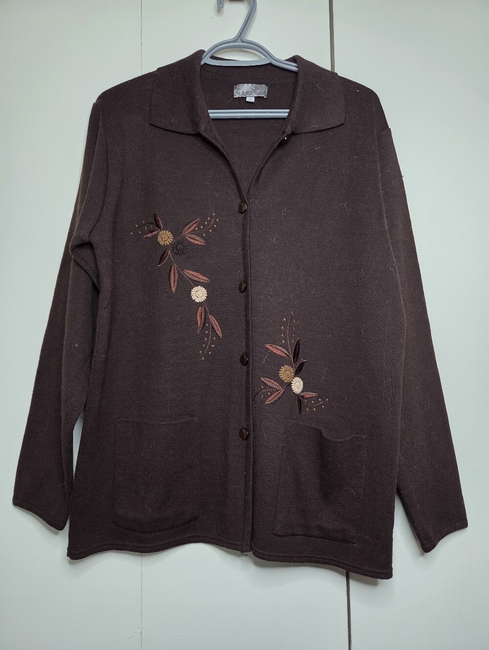 Concept Women's L Brown Button Cardigan with Floral Embroidering